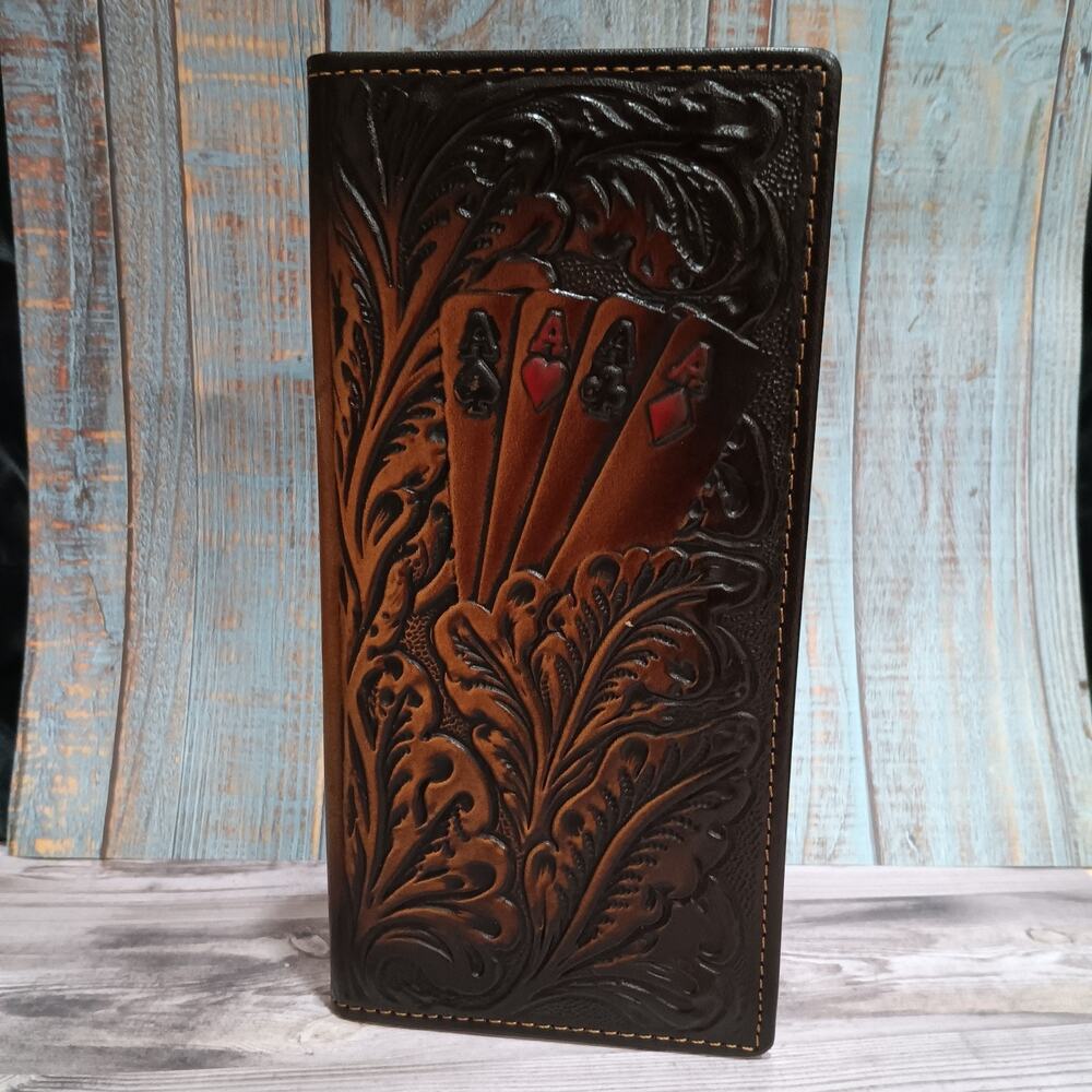 Four Aces Western Wallet Tooled Checkbook Wallet Brown Black Aces ID Card Slots